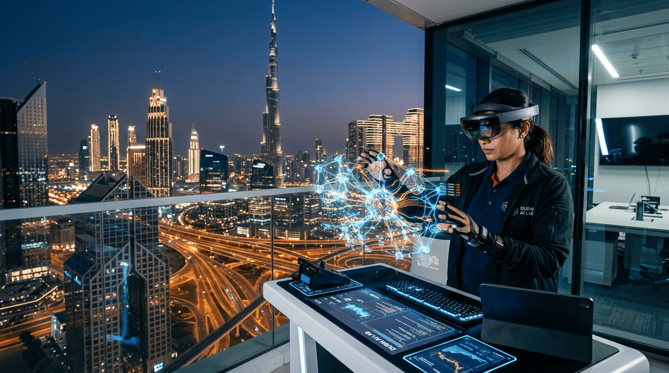 Woman wearing augmented reality headset manipulating a 3D neural network model in an office overlooking Dubai skyline at night