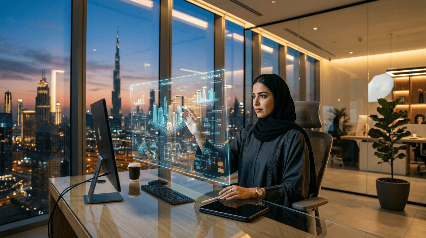Woman in traditional dress using holographic city planning interface in office