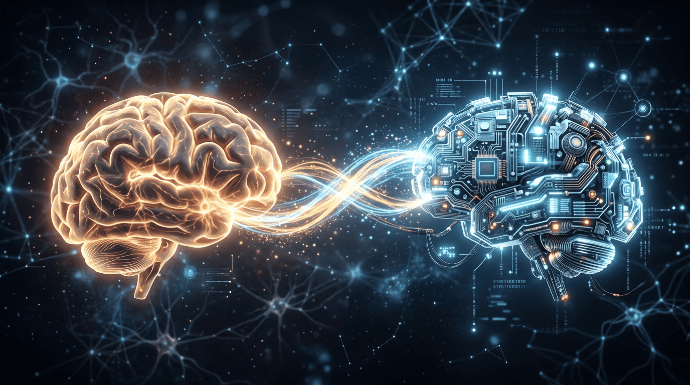 Human brain connected to artificial intelligence brain with flowing digital data